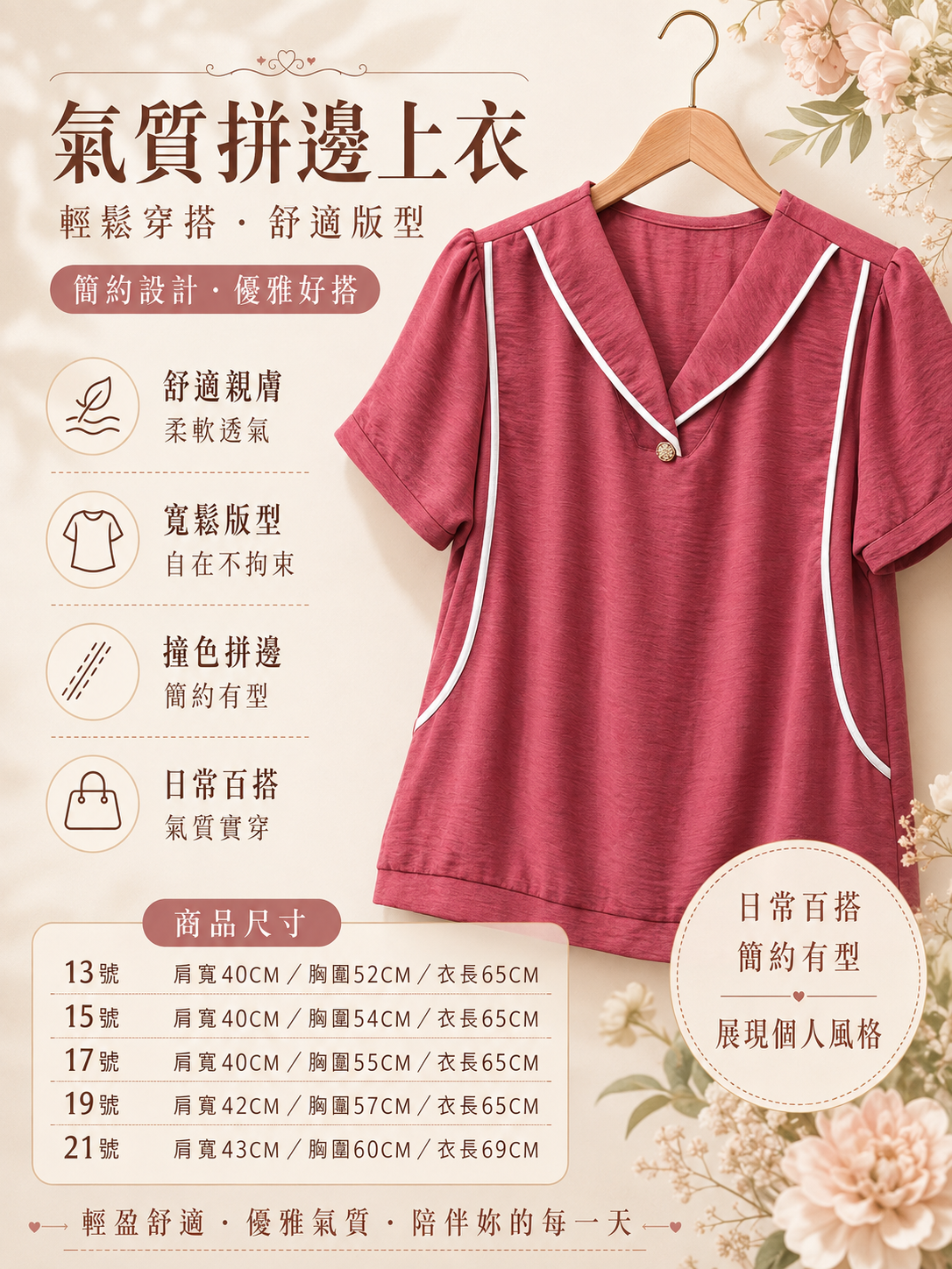 氣質拚邊上衣(豆沙粉)